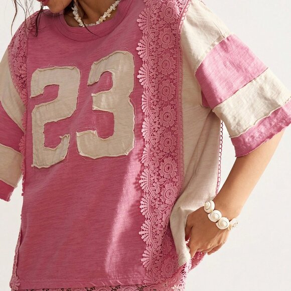 Pink Casual Women's Boho Lace Patchwork Round Neck Loose Washed tee shirt - Picture 4 of 7